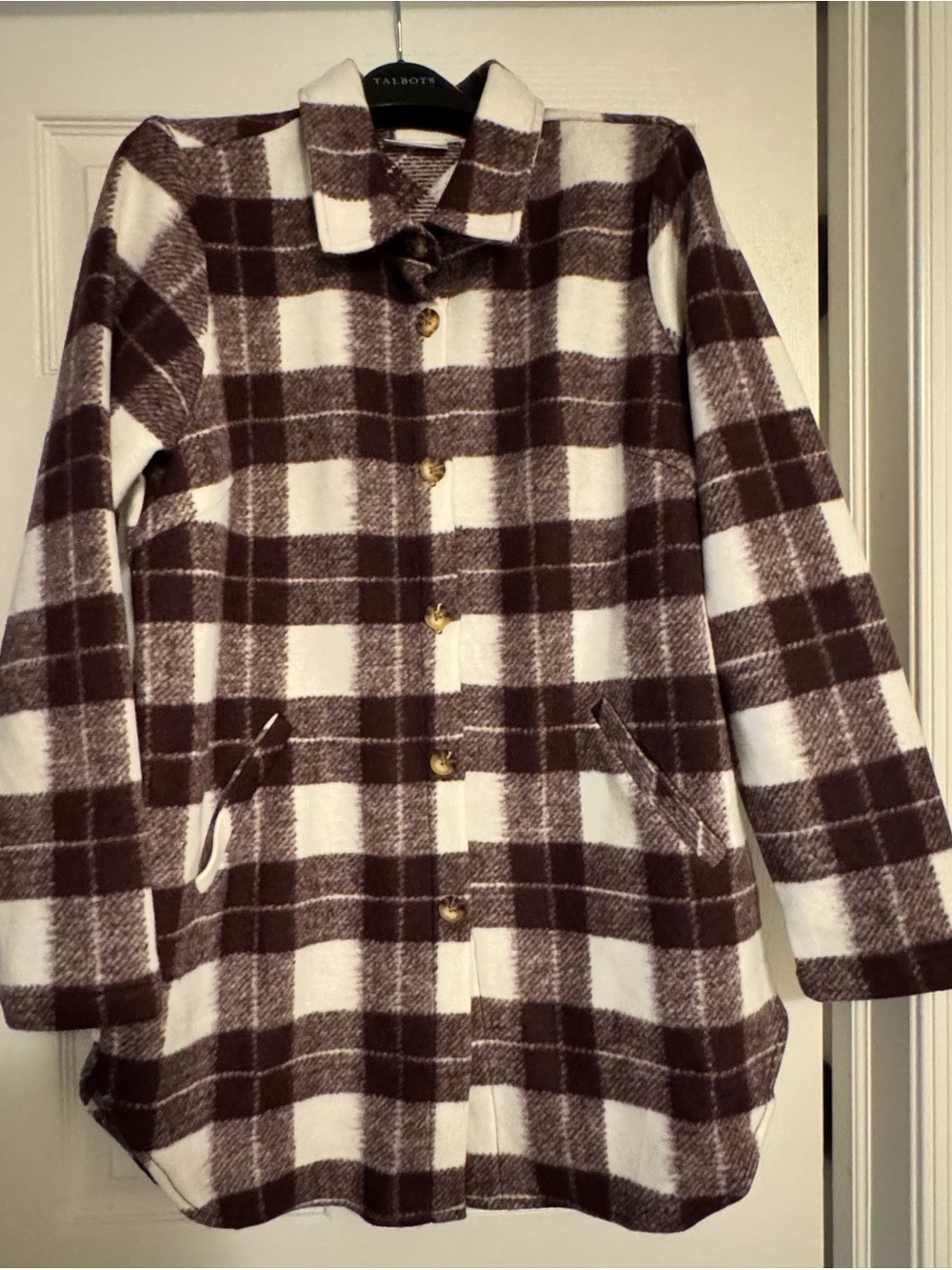 NWOT Womens Belle by Kim Gravel Burgundy & White Plaid Button-Up Coat